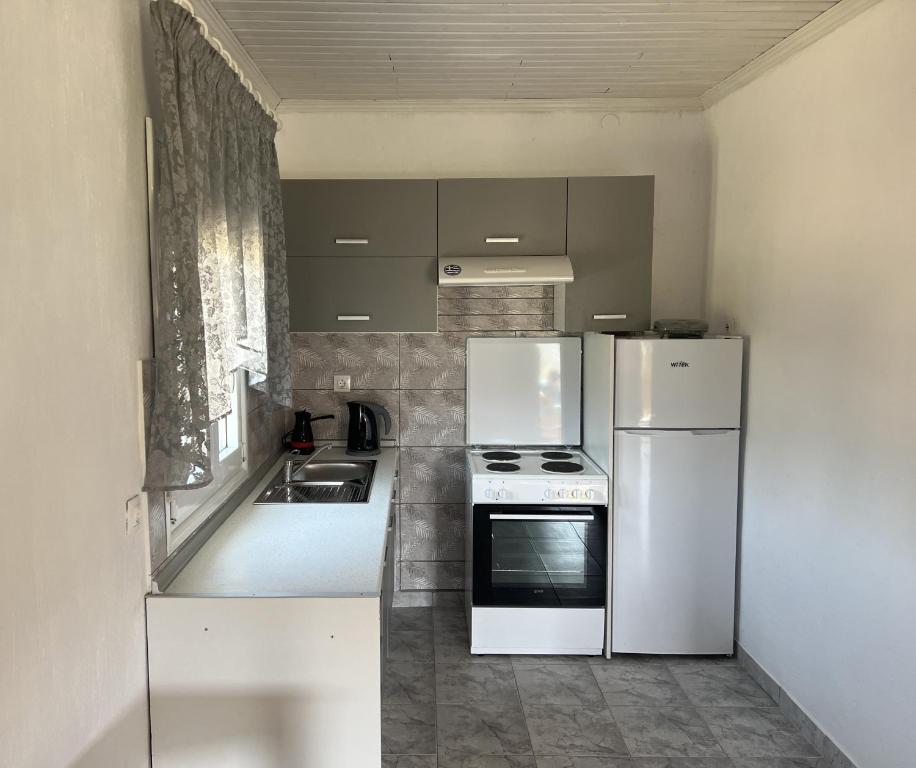 a kitchen with a white refrigerator and a stove at Cottage Karanikola in Sikia