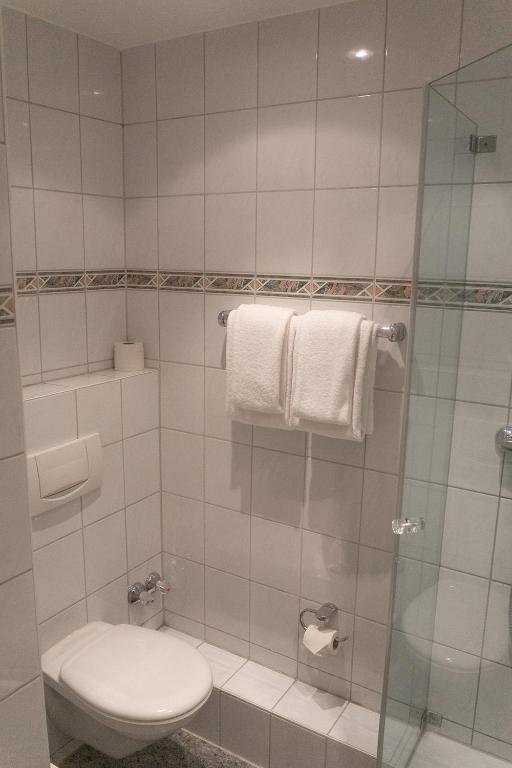 a bathroom with a toilet and a glass shower at Hotel Daniel in Munich