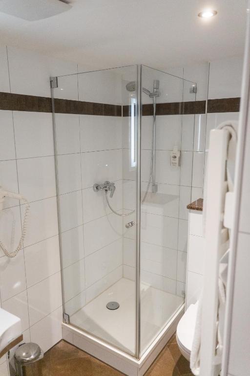 a shower with a glass door in a bathroom at Hotel Daniel in Munich