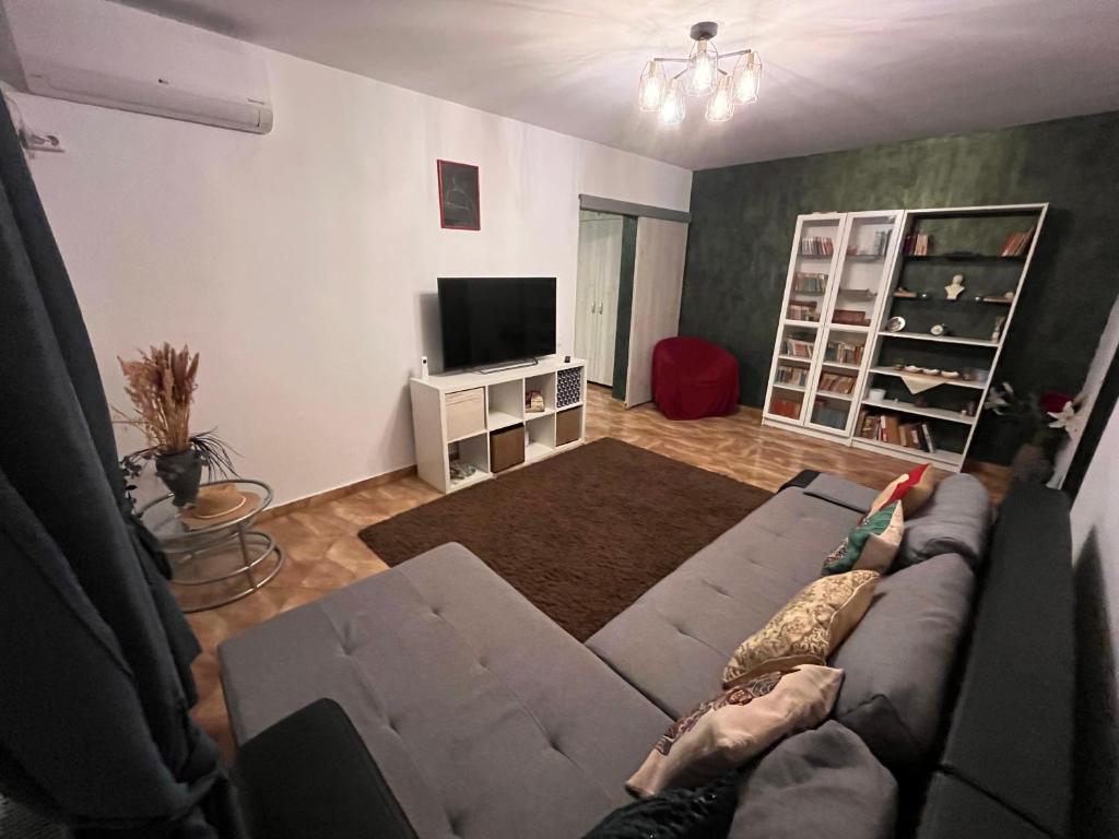 a living room with a couch and a tv at Casa carților - House of book’s in Bucharest