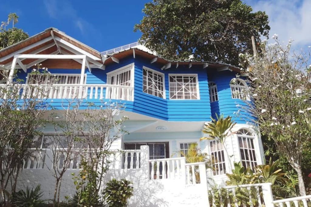 una casa azul y blanca con árboles delante en BLUE HOUSE OCEAN VIEW en Santa Bárbara de Samaná