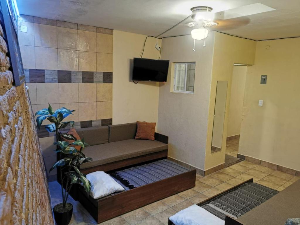 een woonkamer met een bank en een tv bij Hotel Jardín del Cantador in Guanajuato