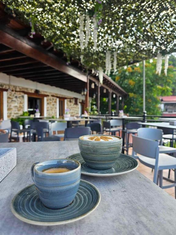 two bowls of coffee sitting on a table at Two Flowers Hotel in Pedoulas