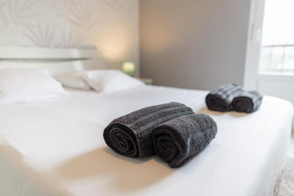 dois rolos de toalhas sentados numa cama em Appartement Les Oiseaux em Thionville