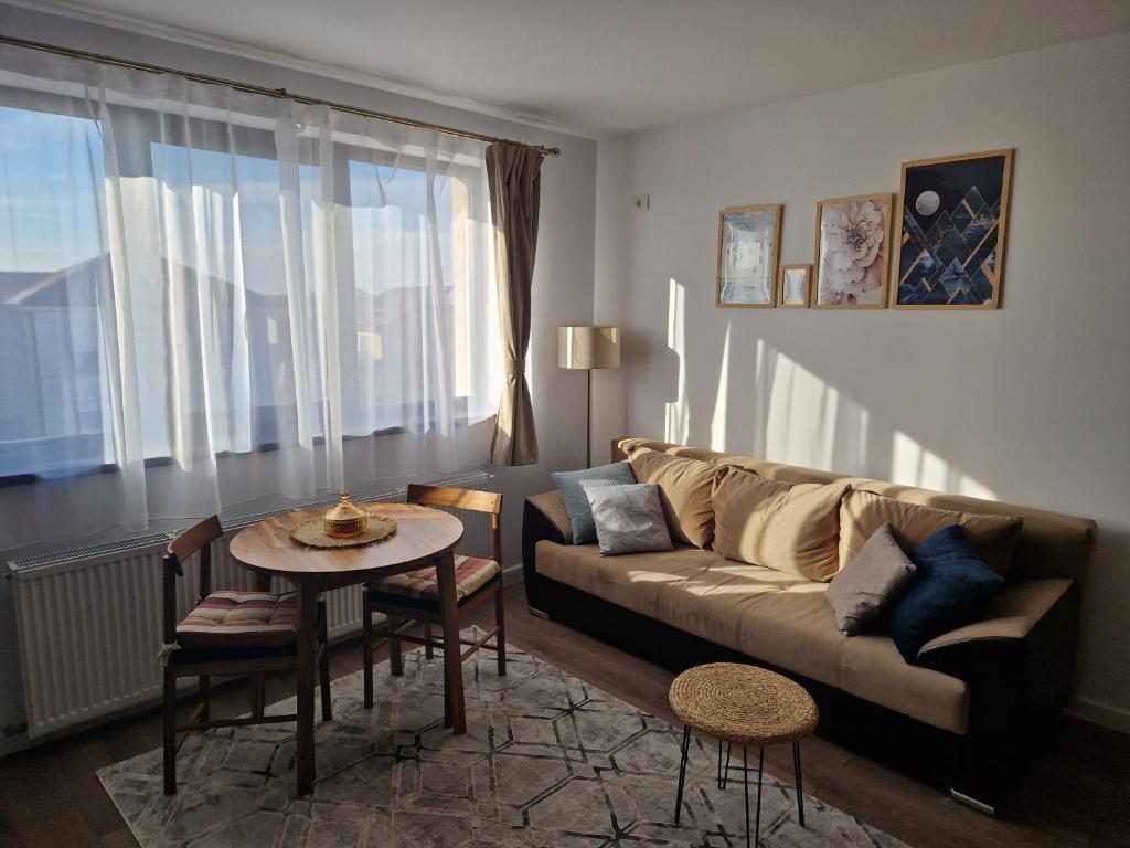 ein Wohnzimmer mit einem Sofa und einem Tisch in der Unterkunft Crăițelor Boutique Airport Apartment in Otopeni