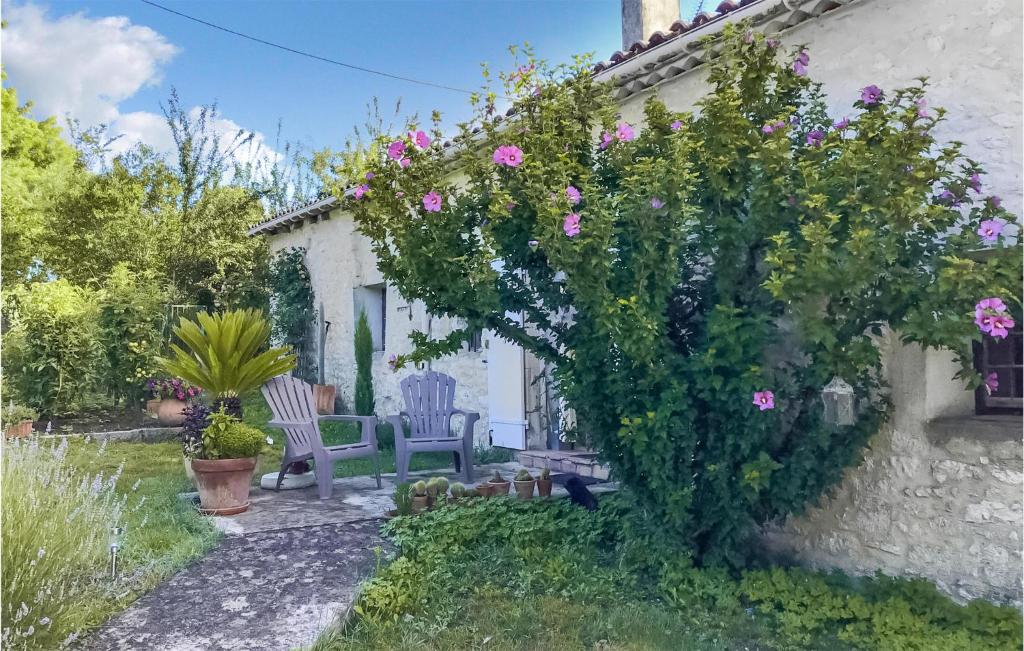 um jardim com duas cadeiras e um arbusto com flores em Stunning Home In Saint Sernin With Kitchen em Saint-Sernin