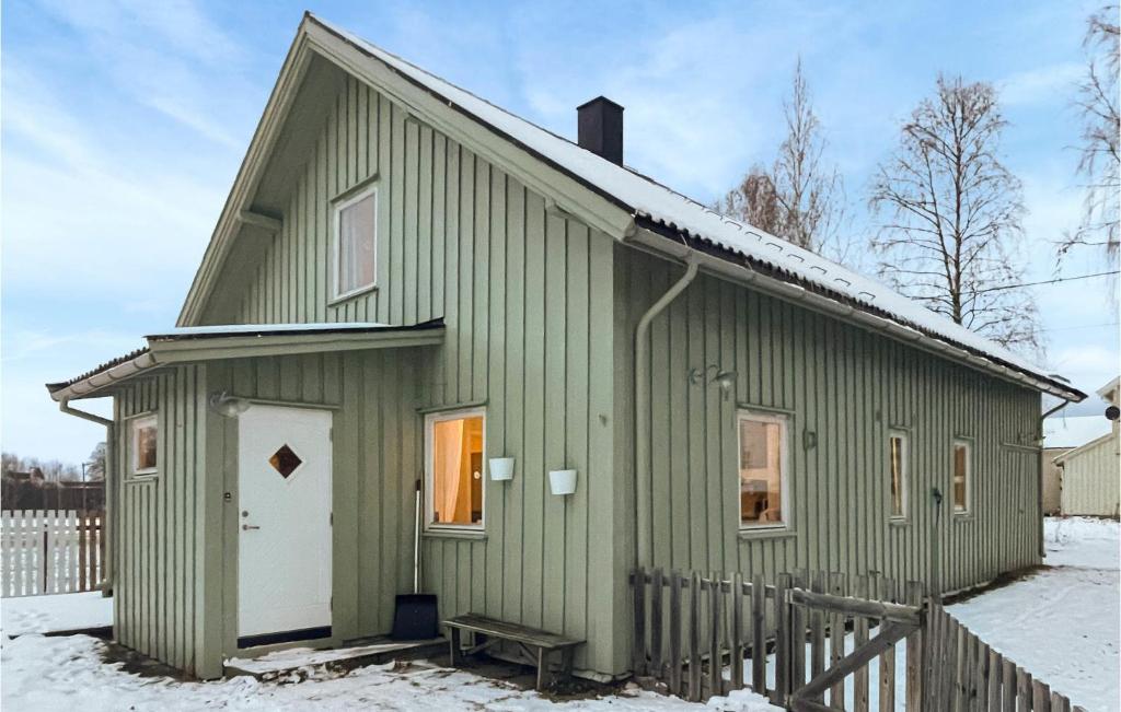 ein grünes Haus mit einer weißen Tür im Schnee in der Unterkunft Beautiful Home In Flisa With Kitchen 