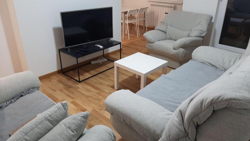 a living room with two couches and a tv at Oaza Apartment Mirijevo, Free Garage Parking in Belgrade