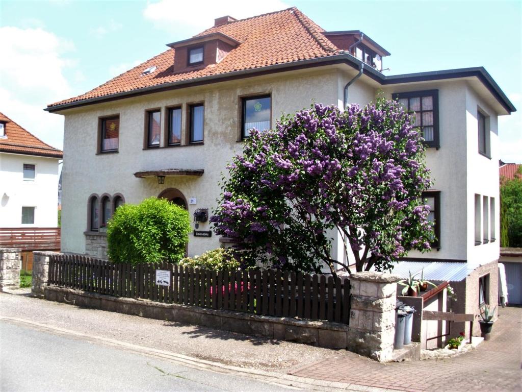 ein weißes Haus mit einem Zaun und einem Baum mit lila Blumen in der Unterkunft Ferienwohnung Kroeschell in Bad Sachsa
