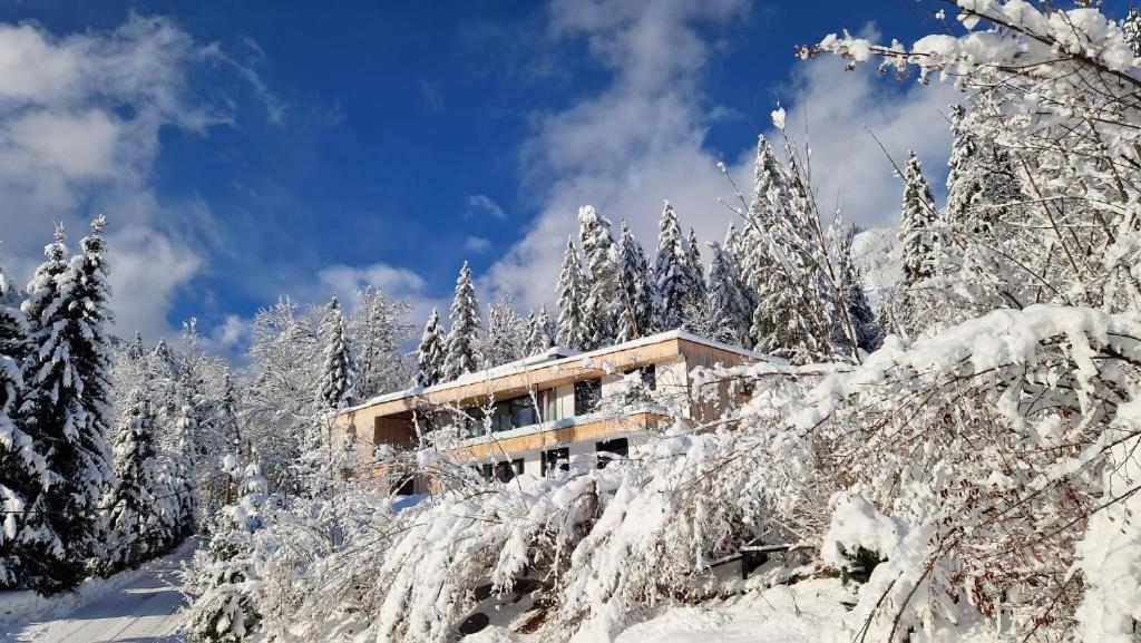 ein schneebedecktes Gebäude neben Bäumen in der Unterkunft Exklusive Ferienwohnung am Prielerweg in Hinterstoder in Hinterstoder
