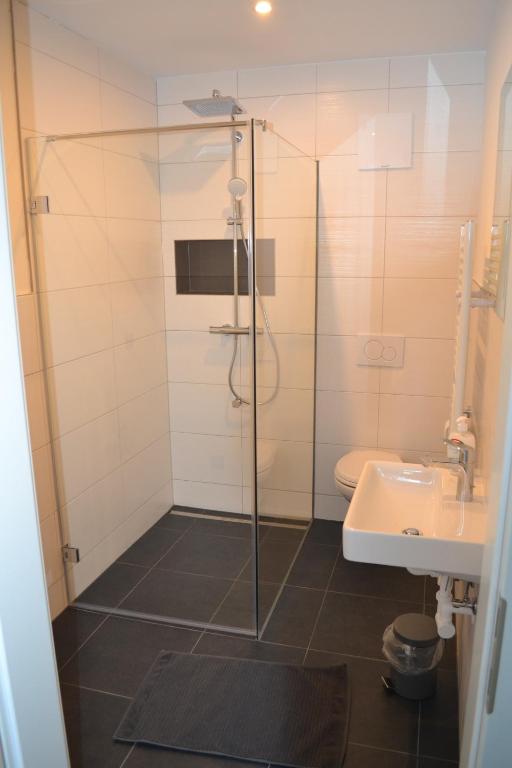La salle de bains est pourvue d'une douche, de toilettes et d'un lavabo. dans l'établissement Apartment Ausblick, à Tamsweg