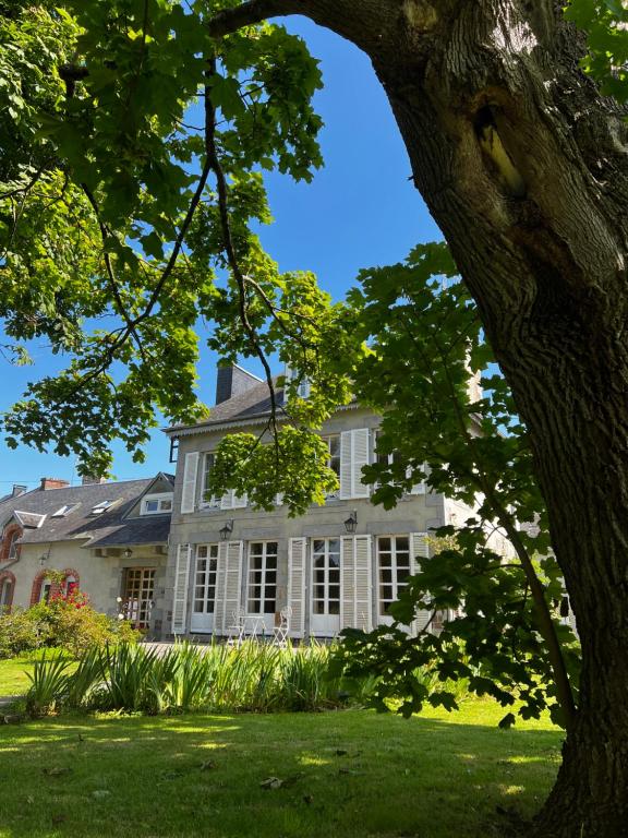 une grande maison blanche avec un arbre au premier plan dans l'établissement La Maison Gavraise, à Gavray