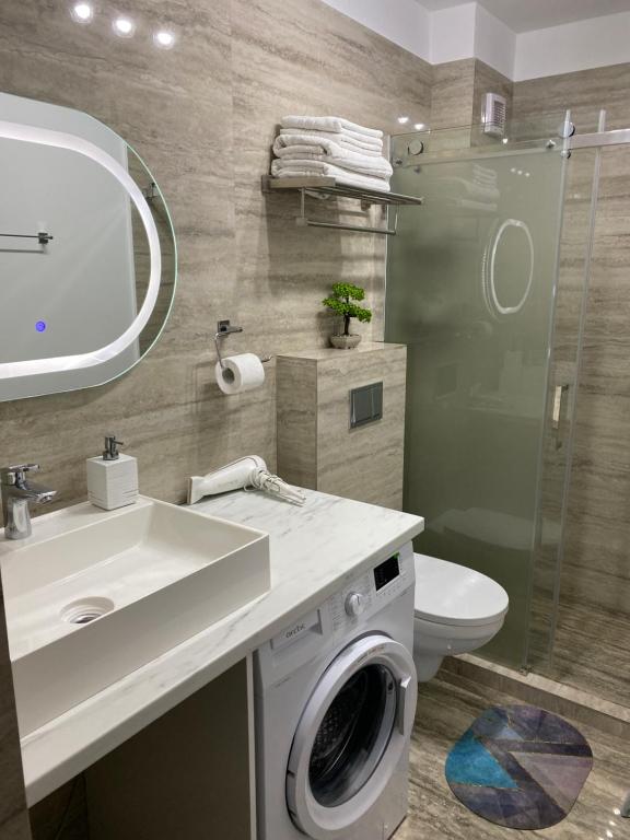 uma casa de banho com um lavatório e uma máquina de lavar roupa em Serin Blaxy Studio em Mangalia