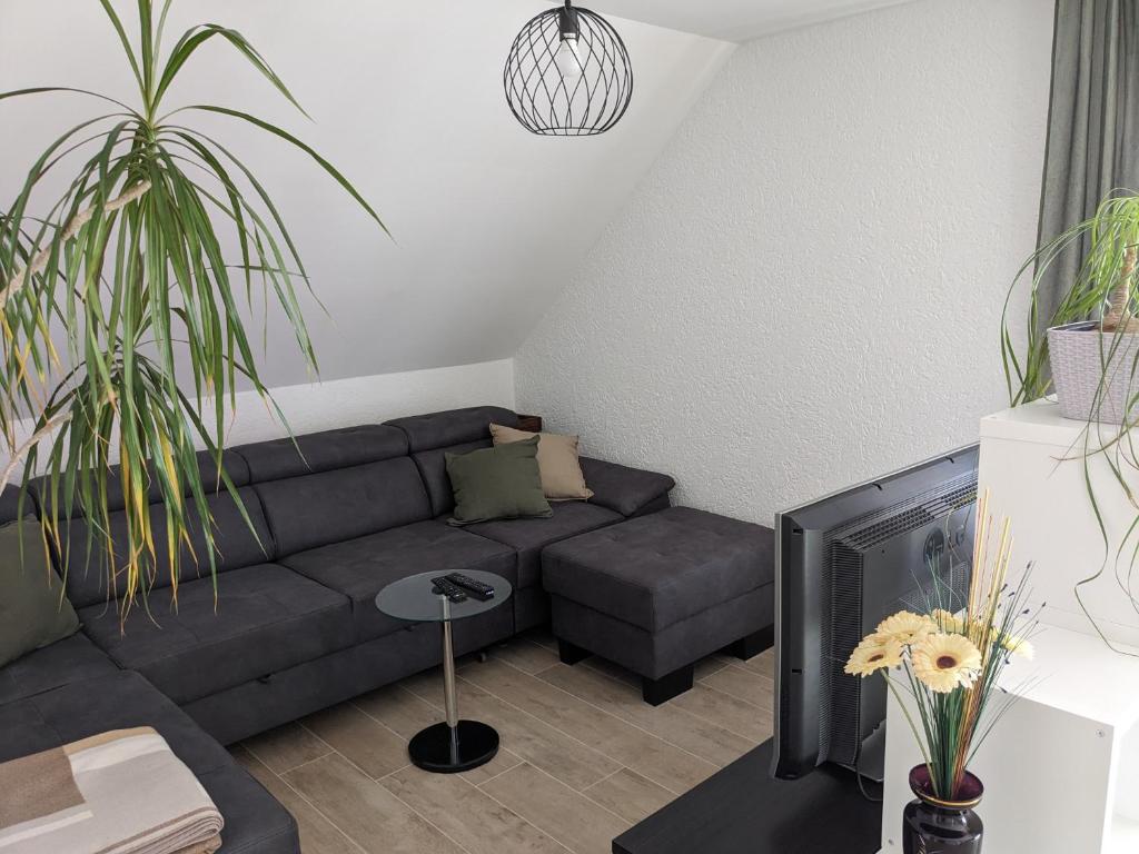 a living room with a couch and a tv at Ferienwohnung gemütlich modern in Langenzenn