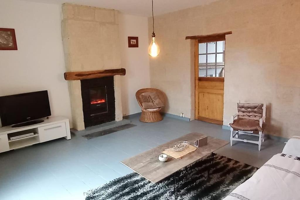 a living room with a fireplace and a tv at Appartement rez de jardin in La Chartre-sur-le-Loir