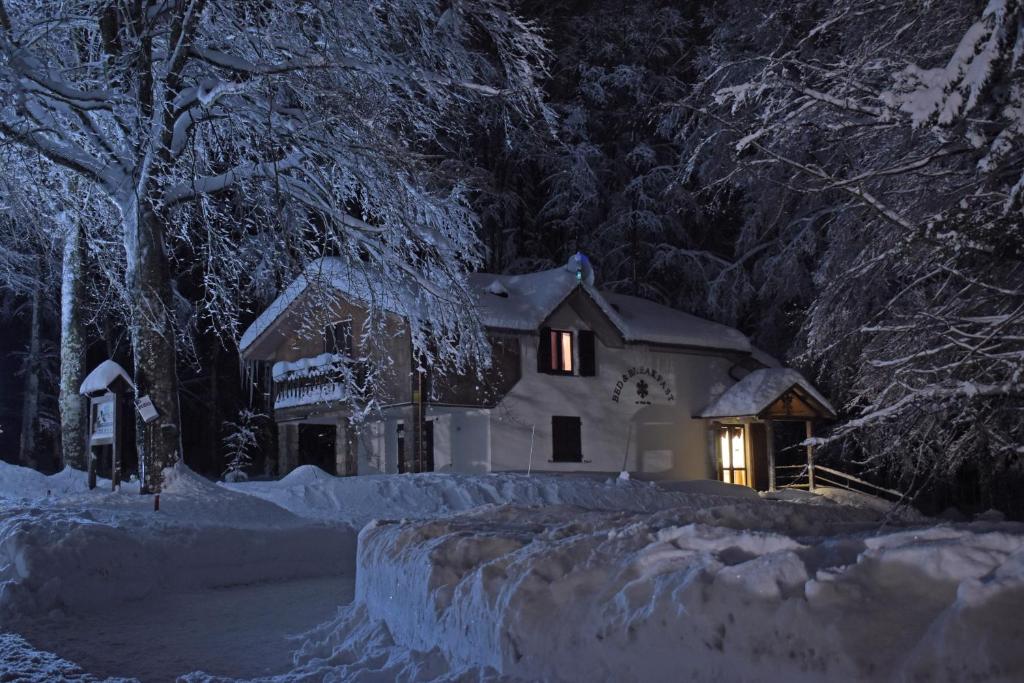 une maison éclairée la nuit dans la neige dans l'établissement Chalet Il Cristallo-Monte Amiata, à Castel del Piano