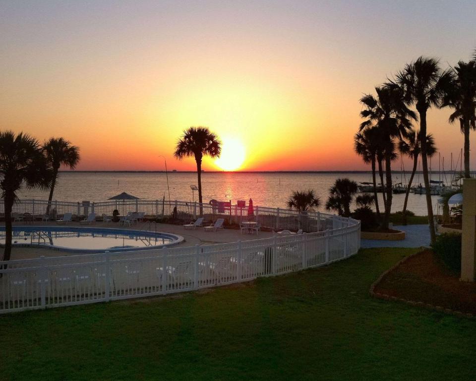 a sunset over the water with palm trees and a pool at Quality Inn & Suites on the Bay near Pensacola Beach in Gulf Breeze