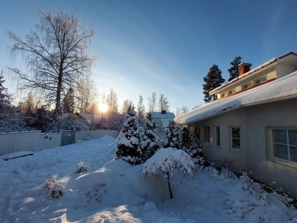 Semi-detached house with sauna v zimě