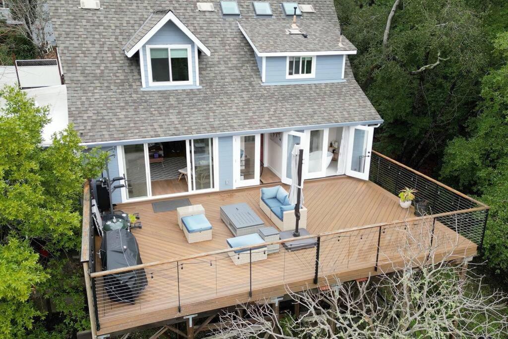 an aerial view of a house with a wooden deck at Tranquil retreat in Los Gatos in Los Gatos