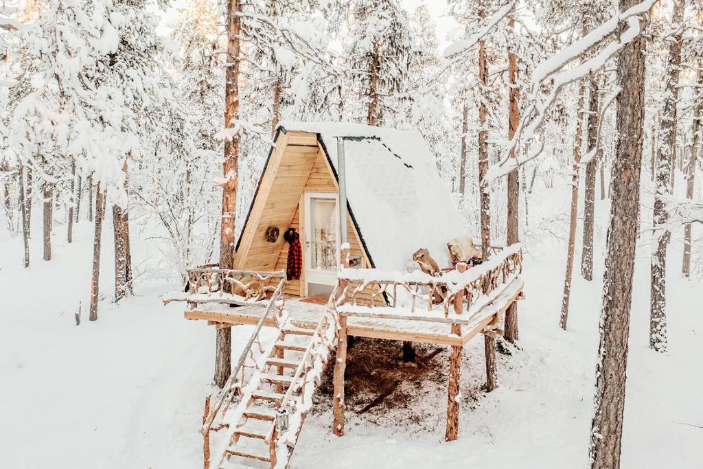 Cozy a-frame in the woods during the winter