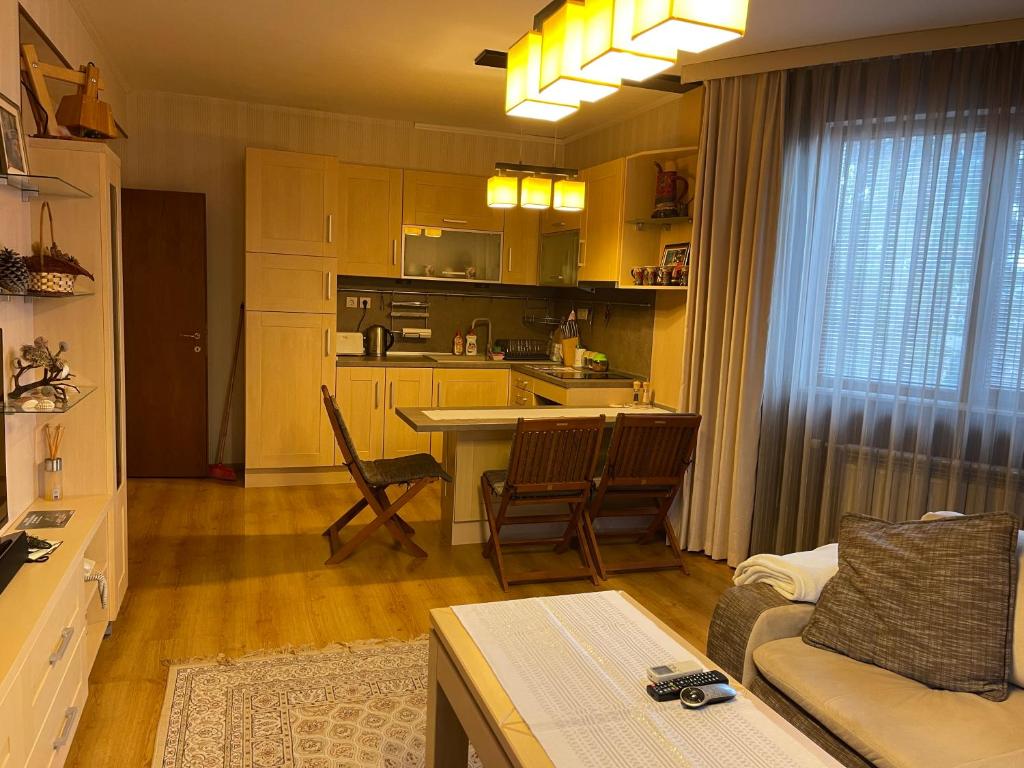 a kitchen and living room with a couch and a table at Nikol 3 SPA CLUB BOR in Velingrad