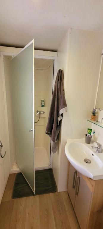 a small bathroom with a shower and a sink at Camping Aux Portes De Cassis in La Bédoule