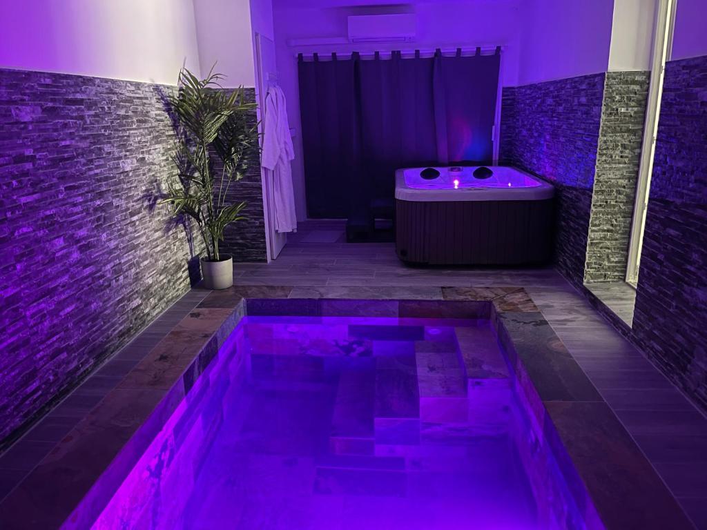 a purple bathroom with a bath tub and a tub at La Paillote Exotique Spa in Beaucaire