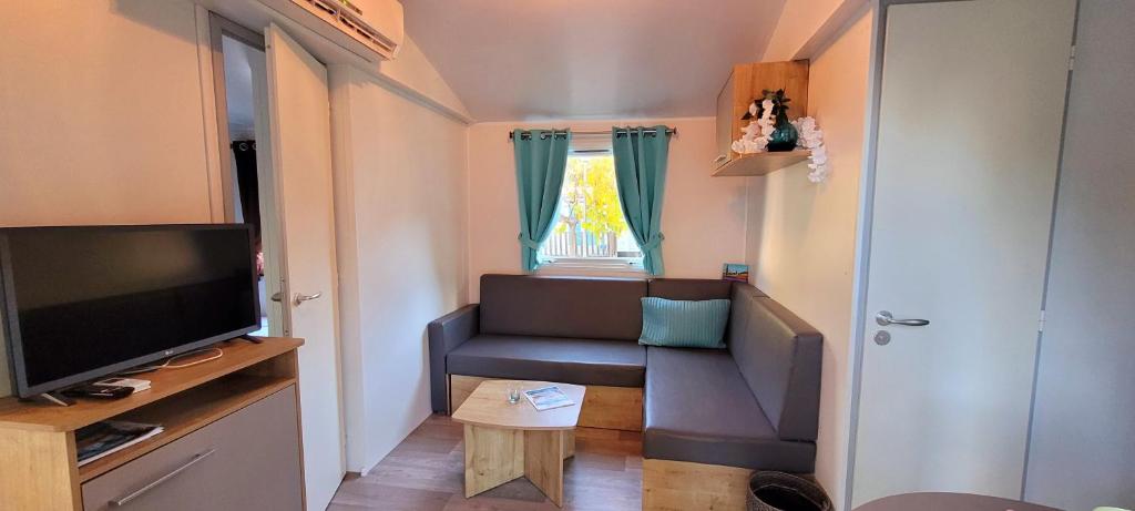 a small living room with a couch and a television at Camping Aux Portes De Cassis in La Bédoule