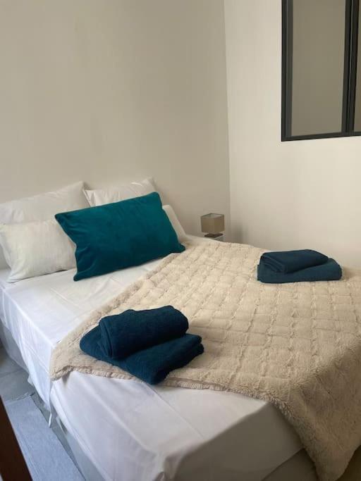 uma grande cama branca com almofadas azuis em Charmant P3 en centre ville em Nîmes