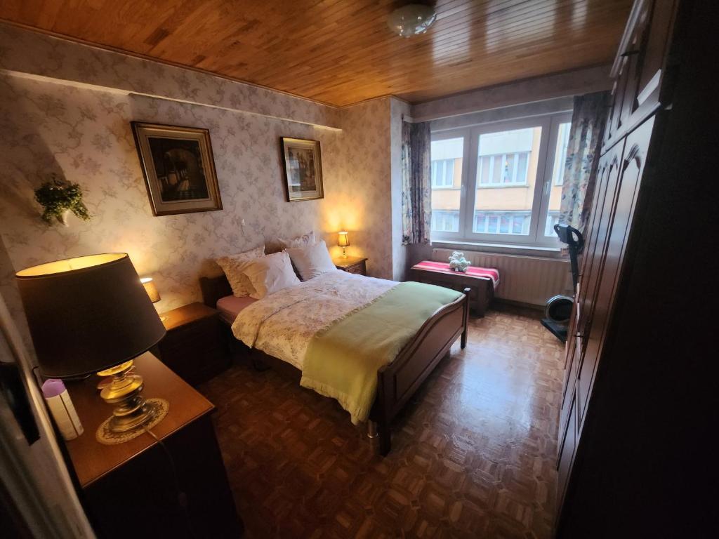 niewielka sypialnia z łóżkiem i oknem w obiekcie Appartement Parc Forestier 3-4 personnes w Brukseli