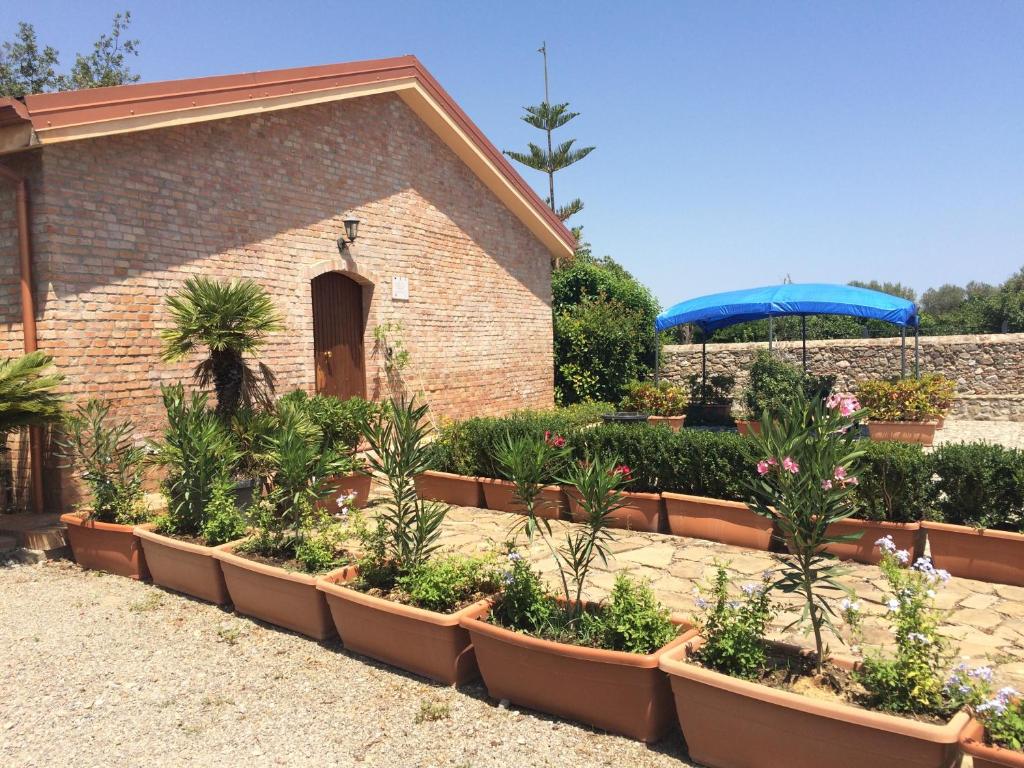 a garden with plants in pots in front of a building at Società Agricola MG Florplant in Francavilla Marittima
