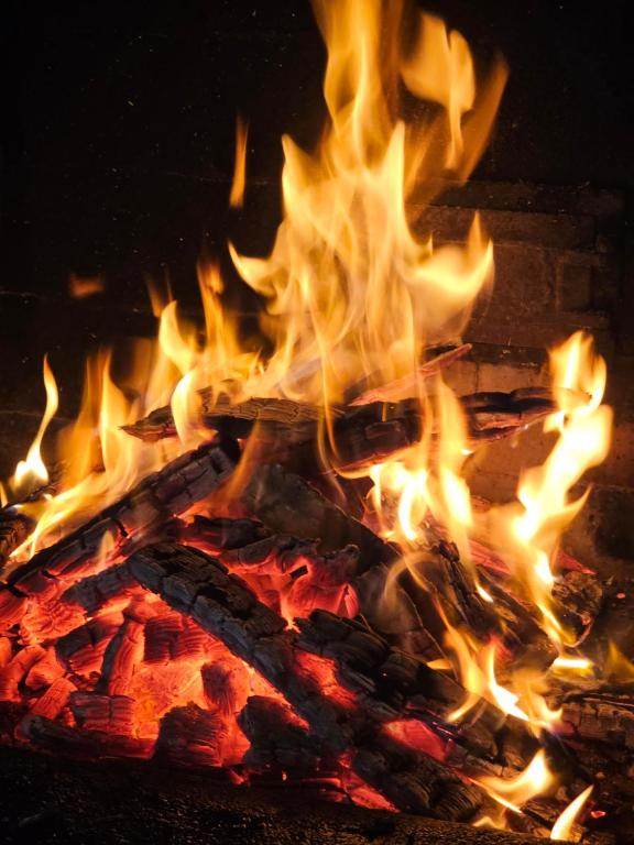 a fire in a brick fireplace with flames at Colț de Rai in Hîrtoape
