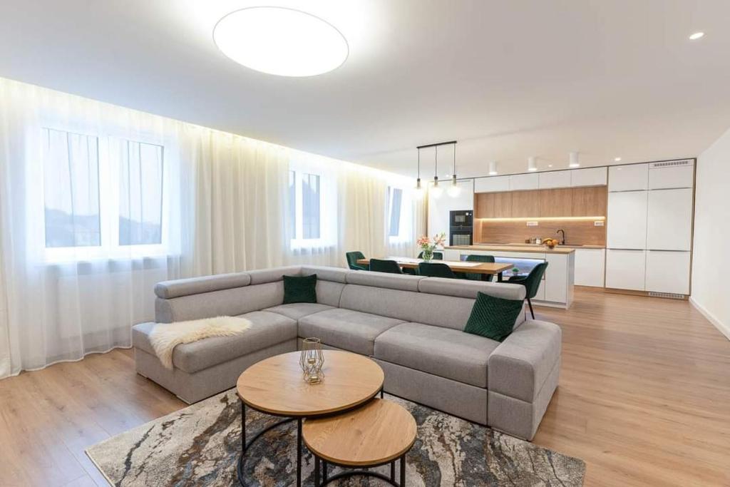 克雷姆尼察的住宿－Apartmán Balancier，客厅配有沙发和桌子