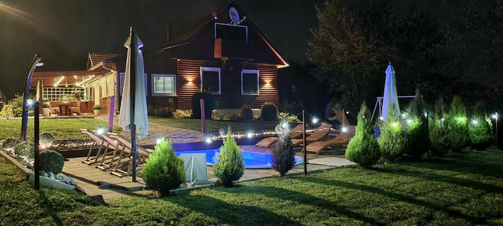 a house with a swimming pool in the yard at night at Holiday House Sunny Hill in Veliko Trgovišće