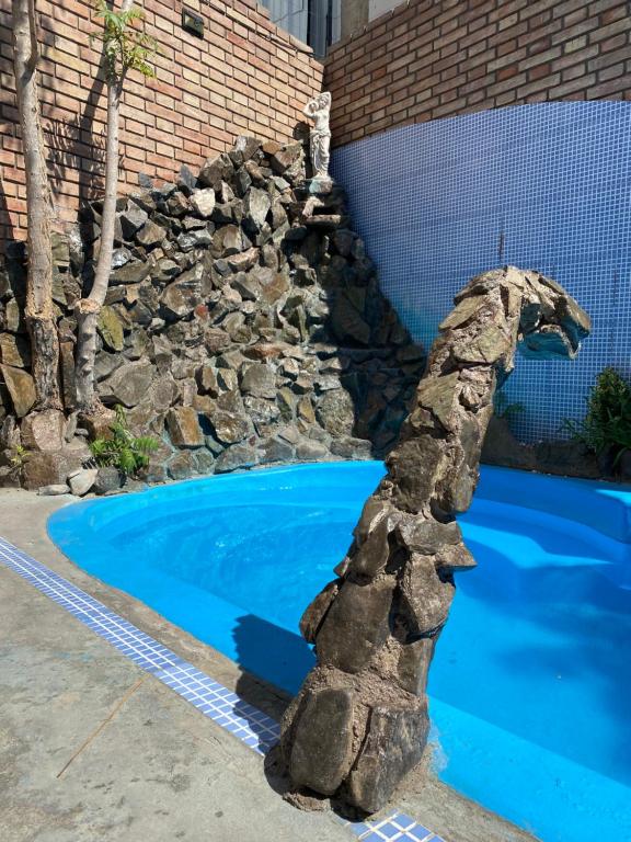 una estatua de un caballo junto a una piscina en Hostel Ruca Potu en Mendoza