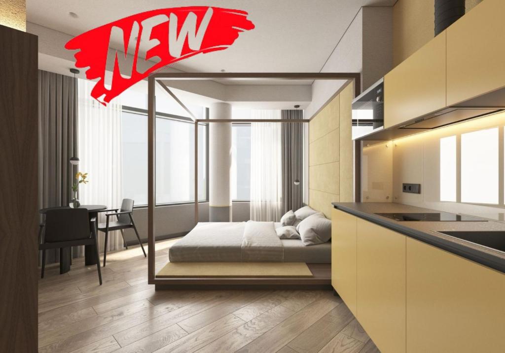 un dormitorio con una cama con un nuevo cartel en FULL HOUSE apart hotel, en Rivne