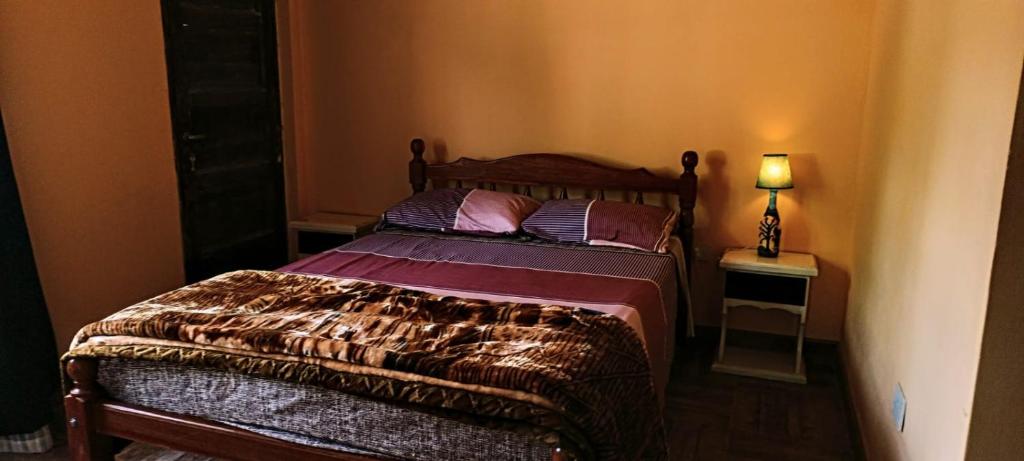 a bedroom with a bed and a lamp on a table at Casa Mamani in Tilcara