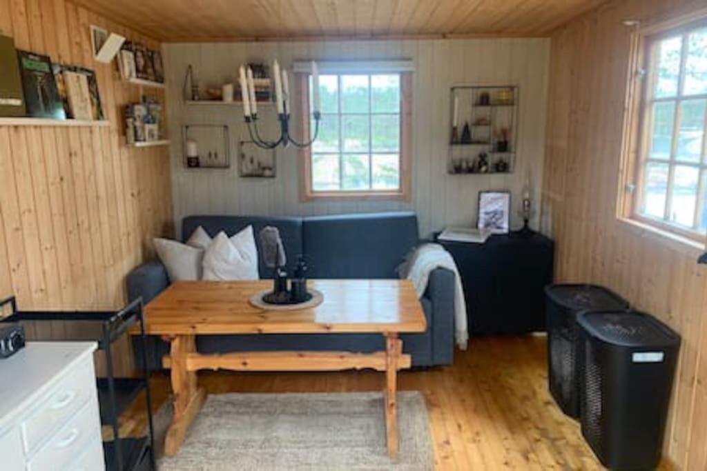 a living room with a couch and a table at Velkommen til Finnskogen og minihytta Rimbila in Kongsvinger