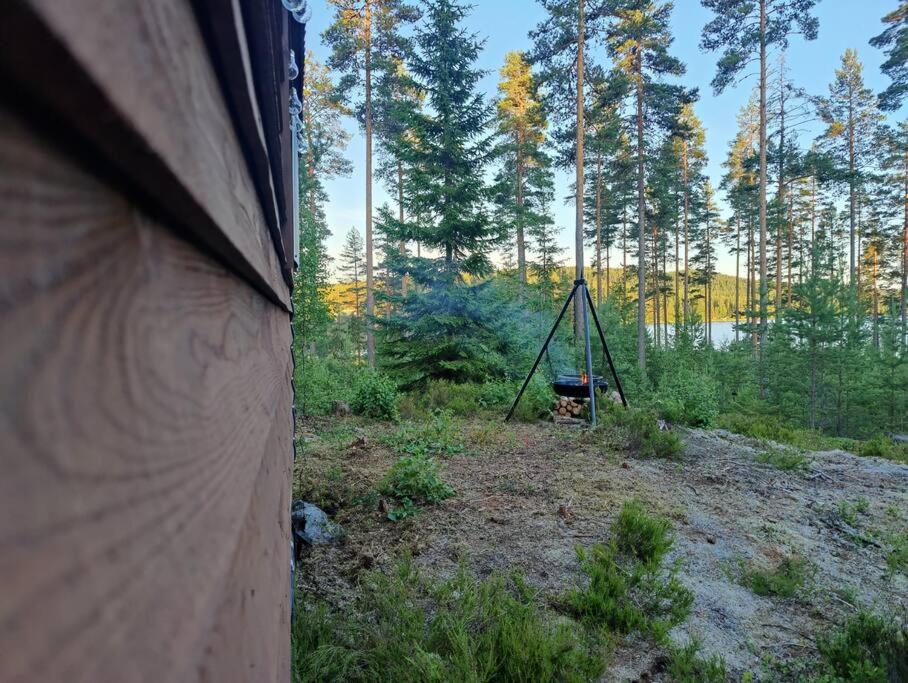 una tienda de campaña en un bosque con árboles en Off-grid minihus på Finnskogen., en Kongsvinger