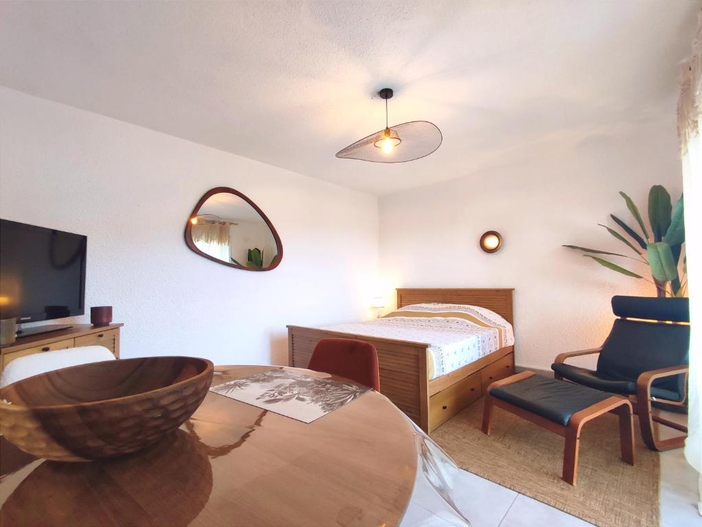 1 dormitorio con cama, mesa y TV en Le panorama époustouflant " climatisé" en Gréoux-les-Bains