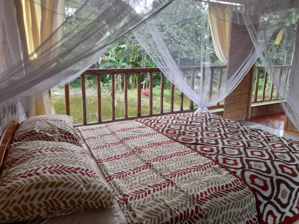 a bed in a screened in porch with a window at Hostal Ariantiy in Pepino