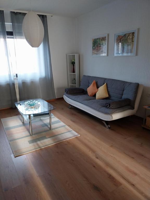 ein Wohnzimmer mit einem blauen Sofa und einem Glastisch in der Unterkunft Ferienwohnung Manta in Dillingen an der Saar