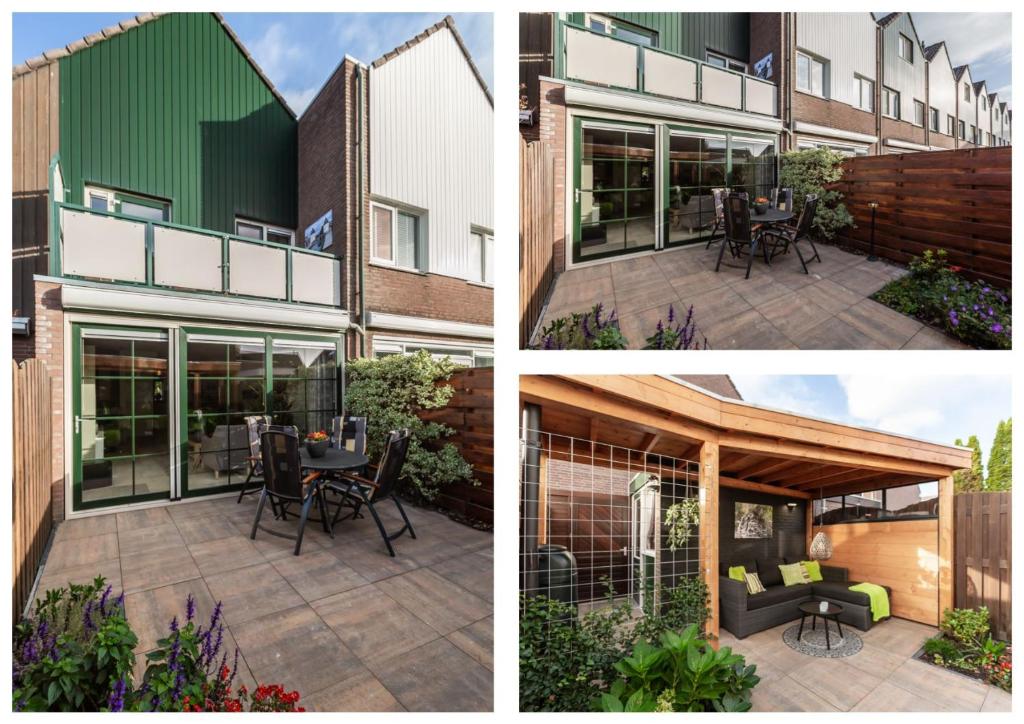 drie foto's van een gebouw met een patio bij Holiday Home 't Groene Hart in Alphen aan den Rijn