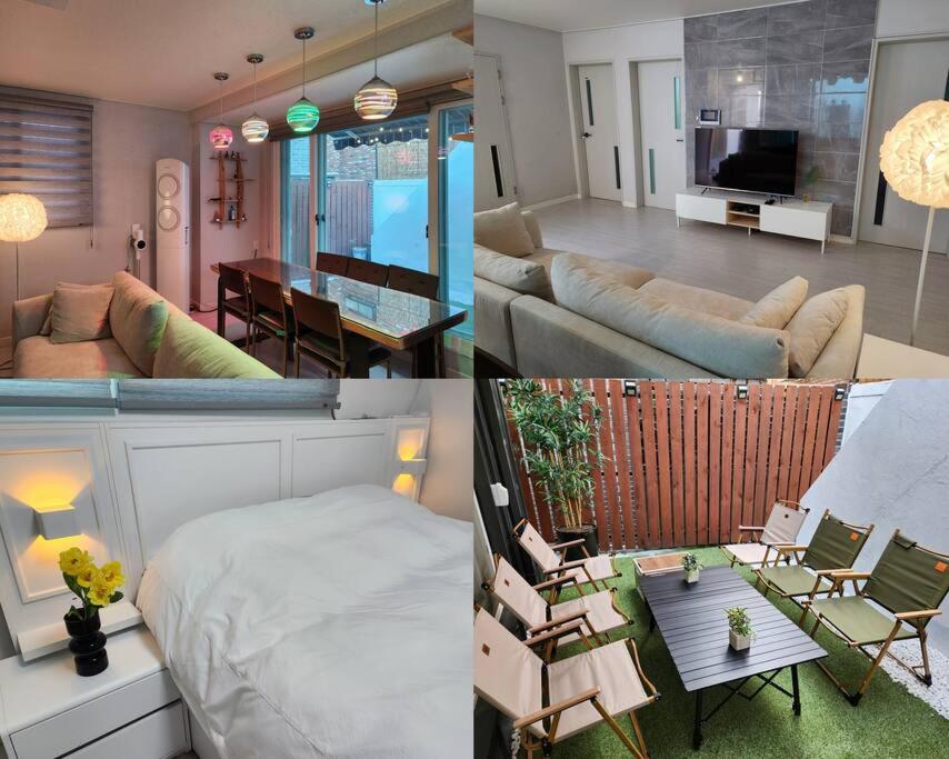 trzy zdjęcia salonu i salonu w obiekcie Suwon station City House w mieście Suwon