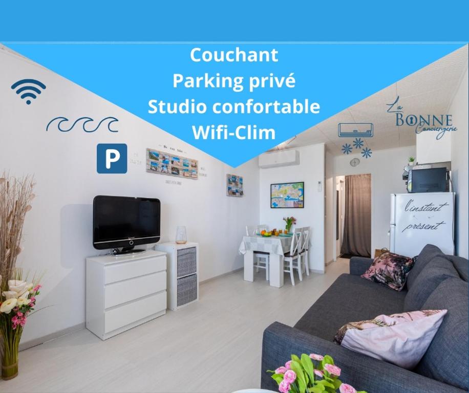 Televízia a/alebo spoločenská miestnosť v ubytovaní Le Marineland clim Parking Privé Proche Centre Casino et palais des congrès