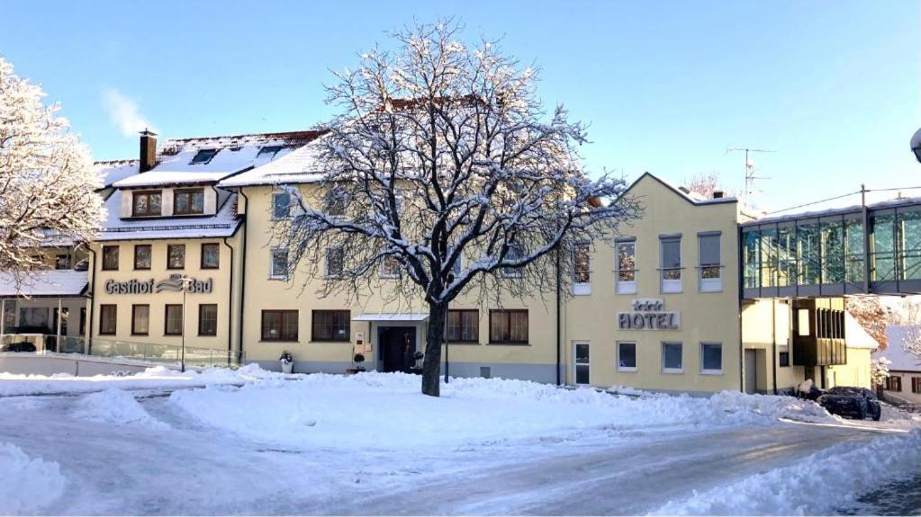 un bâtiment recouvert de neige avec un arbre devant lui dans l'établissement Gasthof zum Bad, à Langenau