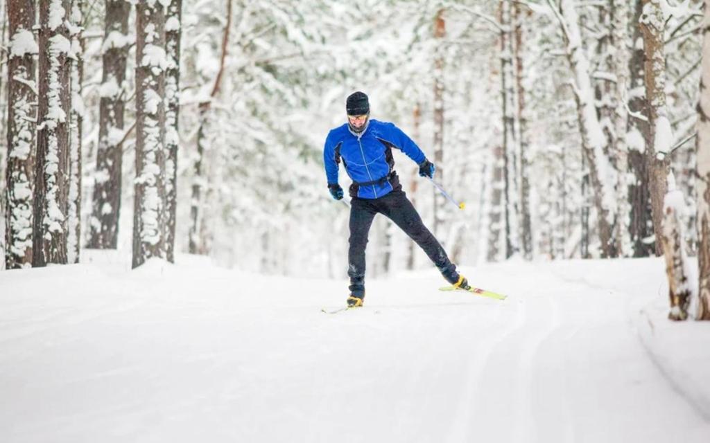 un hombre está esquiando en la nieve en el bosque en Horská chata KRKONOŠKA HARRACHOV & Privat wellness relax GROTTA SPA, en Harrachov