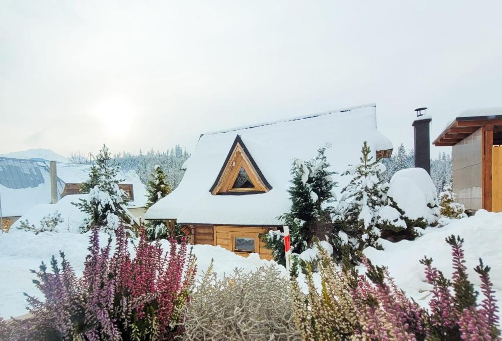 une maison recouverte de neige avec un toit dans l'établissement Domek góralski, à Małe Ciche