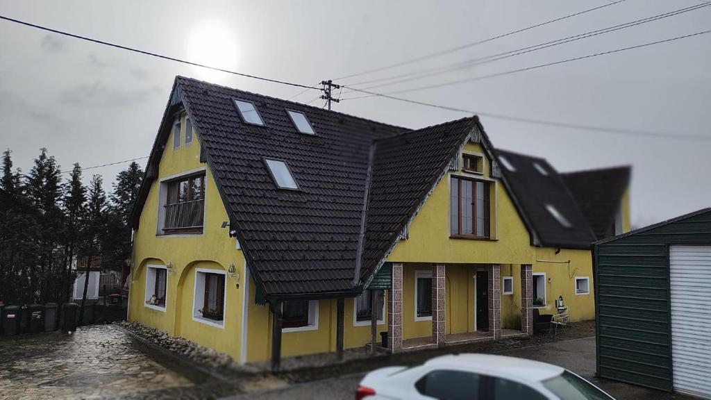 een geel huis met een zwart dak bij Pension DonauBlick Grein 2 in Stifterstrasse19. (2 Apartment ) in Grein
