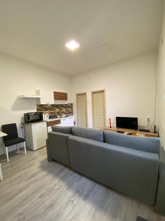 uma sala de estar com um sofá e uma cozinha em Apartman Arthur em Kikinda